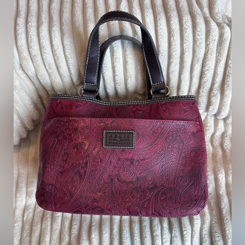 Relic by Fossil Burgundy Embossed Paisley Leather Satchel Tote